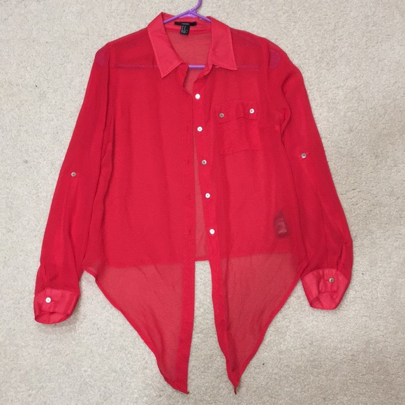 Red sheer button down - Picture 2 of 4